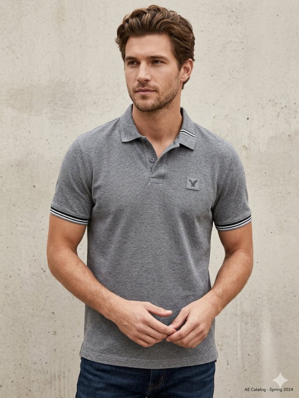 American Eagle Striped Collar Club Logo Polo Shirt